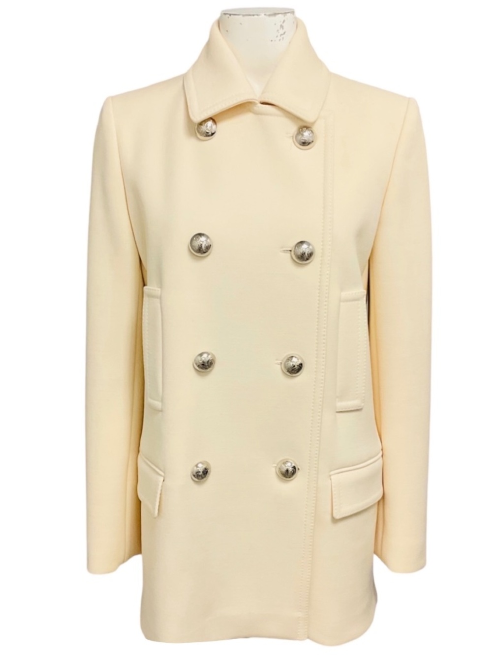 GUCCI IVORY DOUBLE BREASTED WOOL PEA COAT WITH SILVER BUTTONS